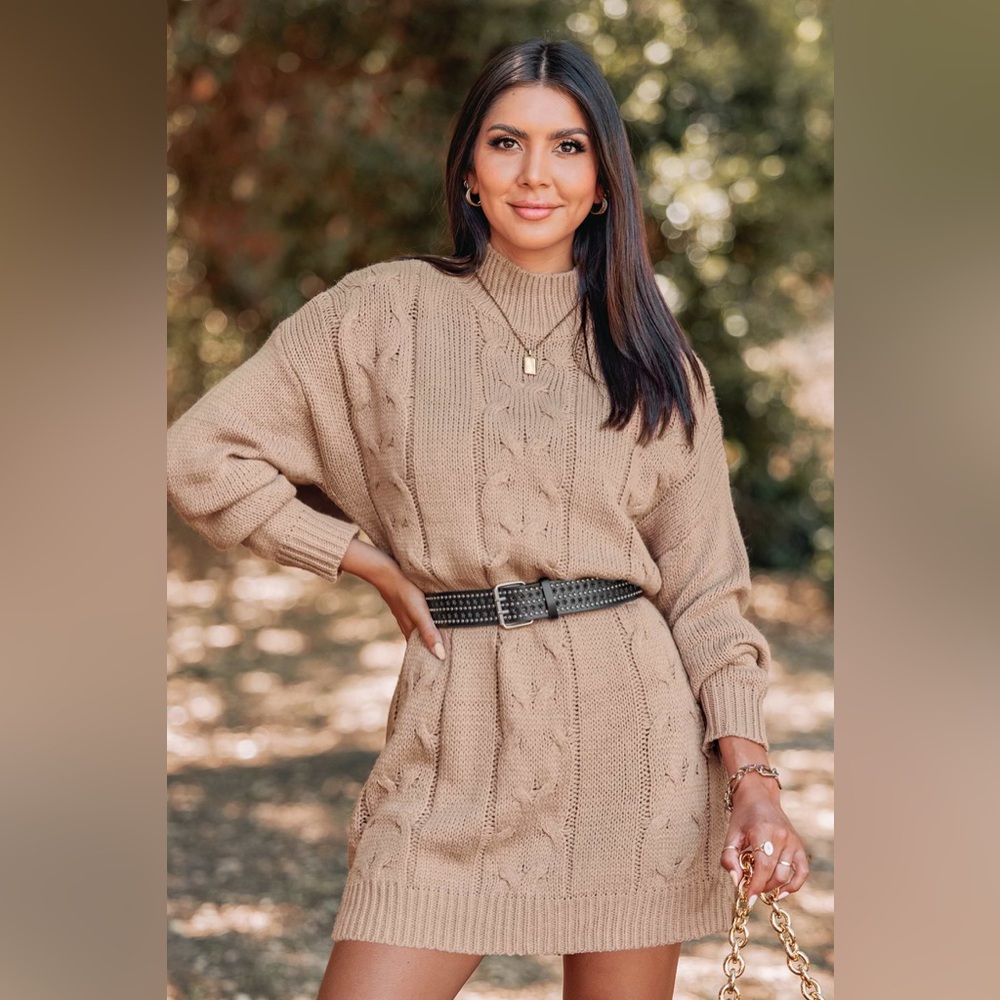 CUPSHE Studded Belt Cable Knit Sweater Dress